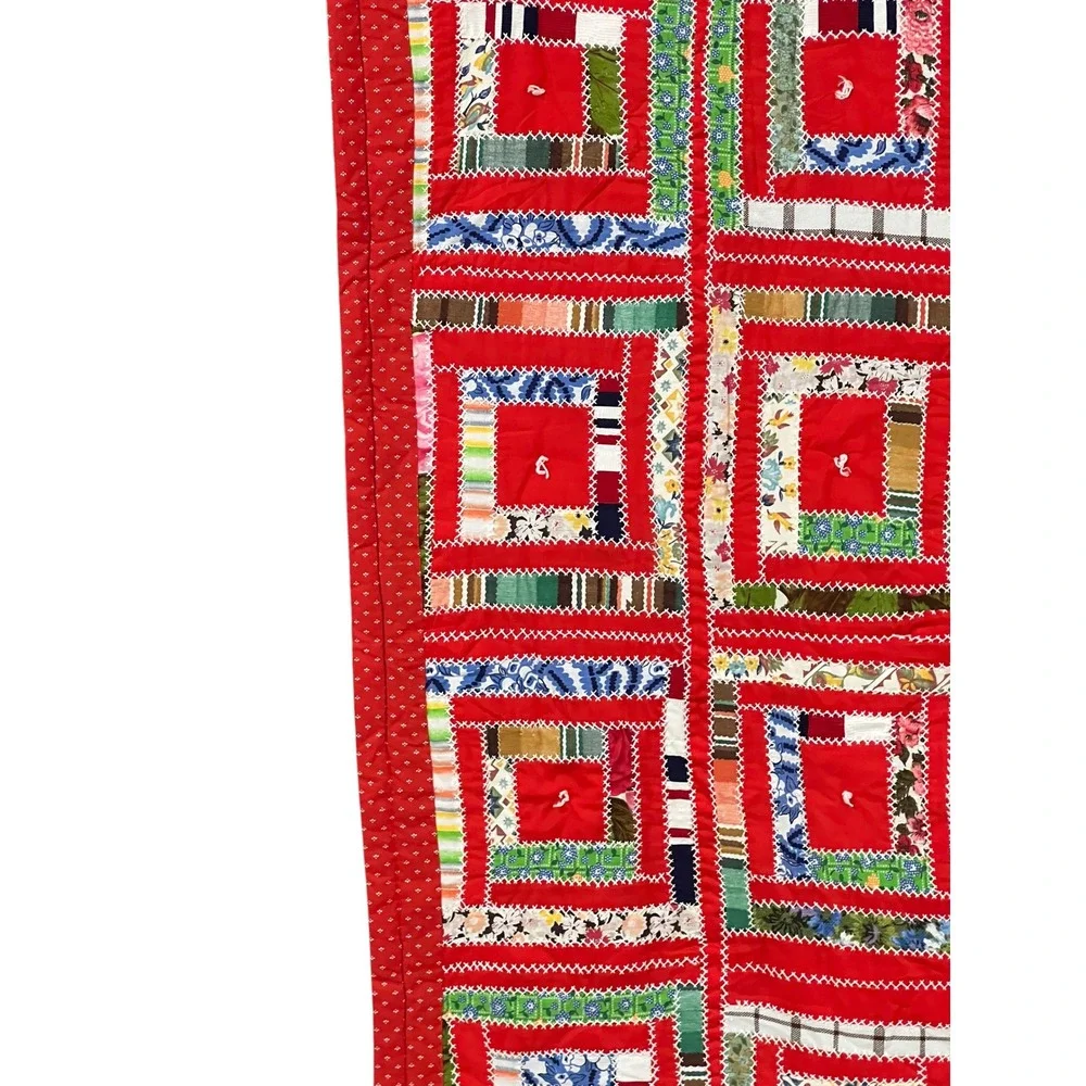 Vintage Handmade Log Cabin Quilt Hand Embroidered Twin 52x70 Folk Art